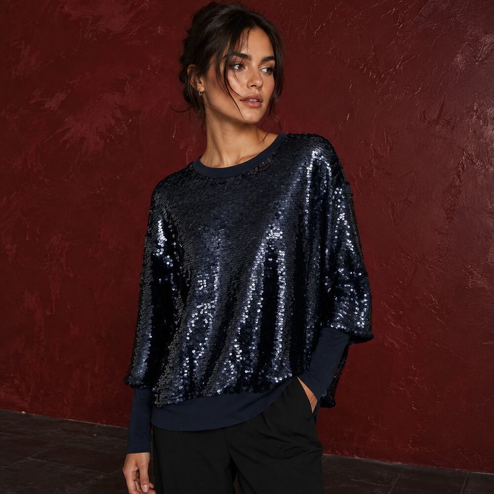 Joie Aldwyn Midnight Navy Sequin Batwing Dolman Sweatshirt Top Size S Disco Glam